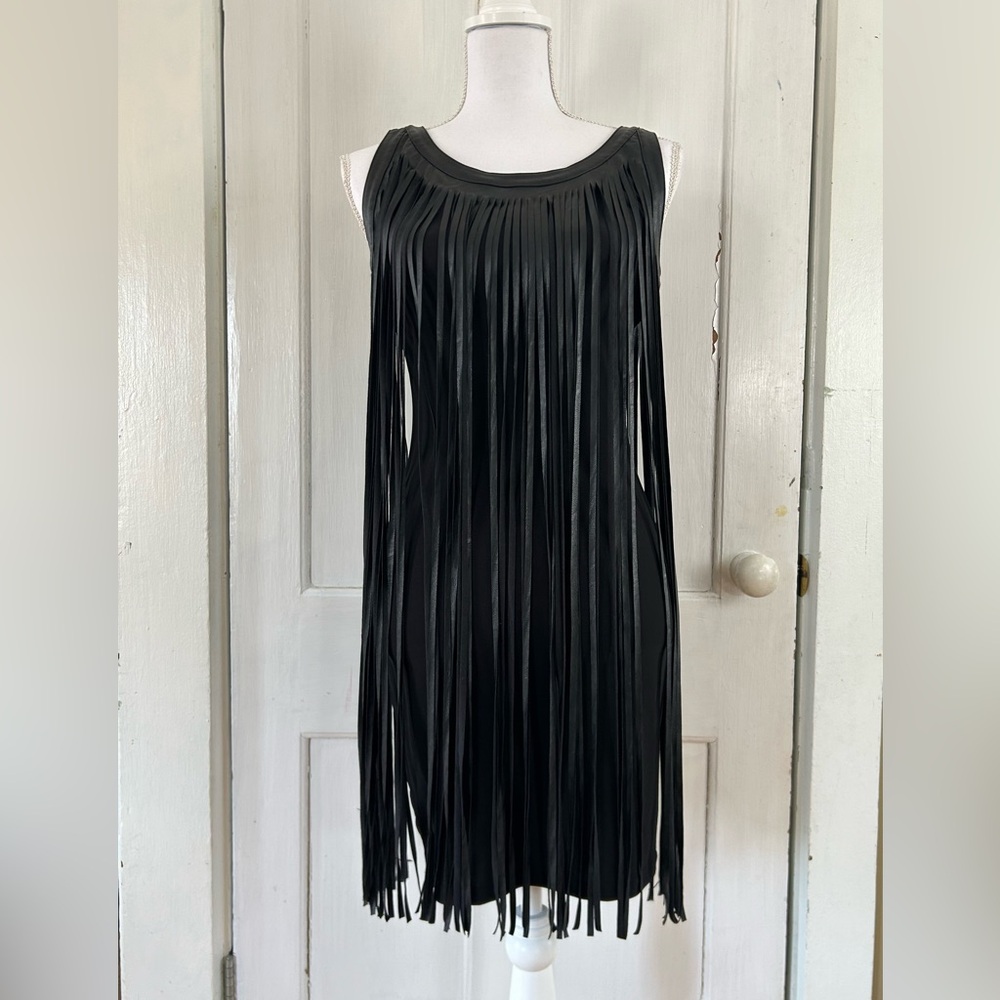 Symphony Bodycon Dress with Faux Leather Fringe Overlay Black size Small EUC